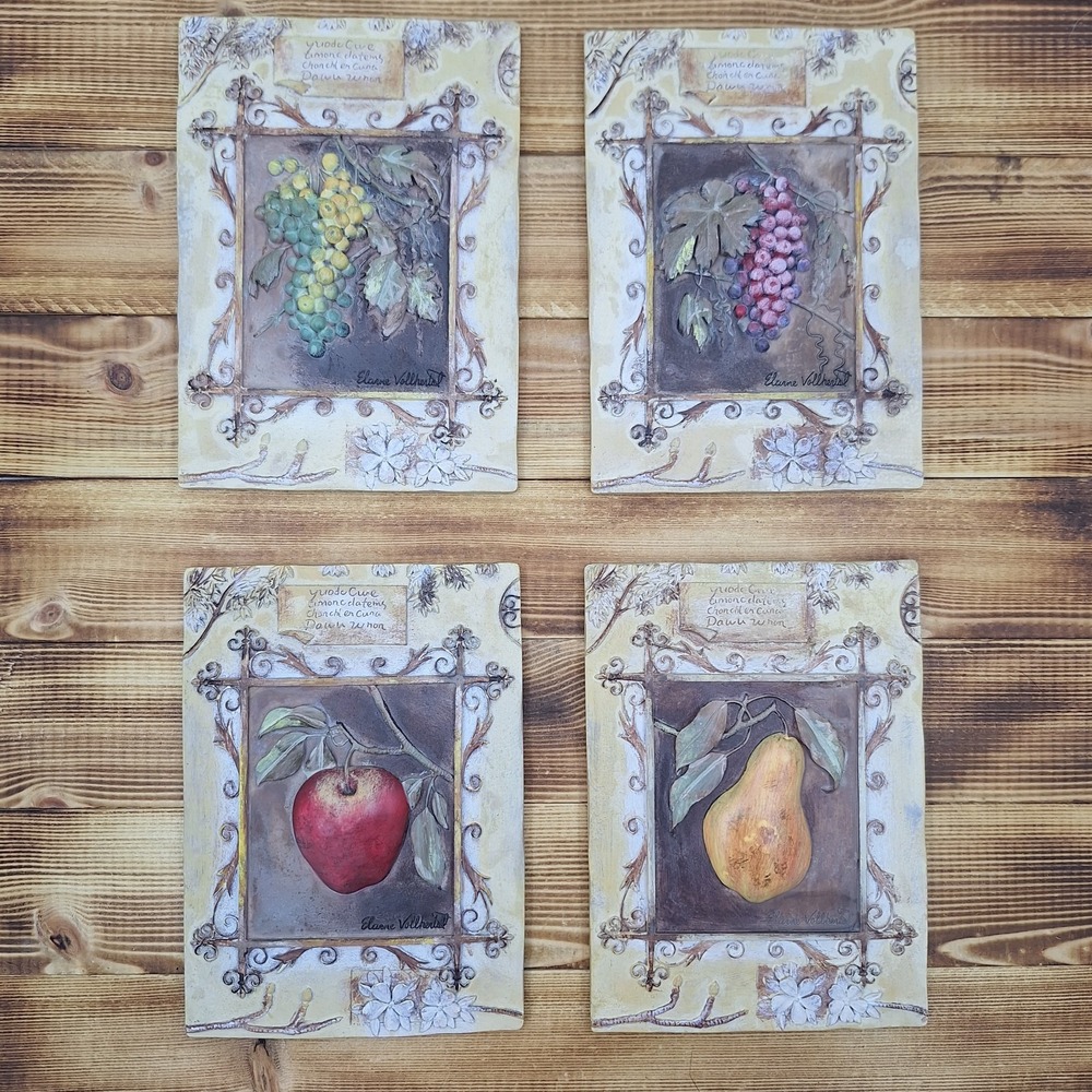 4 Elaine Vollherbst Resin Plaques Wall Art Grapes Apple Pear Fleur De Lis Fruit